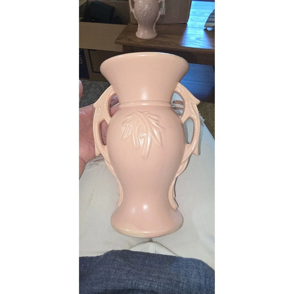 Vintage McCoy Pink Double Handle Urn Vase Pair Matte Leaf Embossed Set of 2